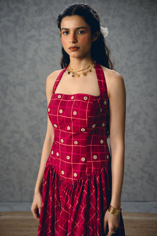 Maroon checkered printed corset dress featuring embroidery and gathered silhouette, trendy women’s summer dress perfect for brunch, holidays, and effortless fashion.