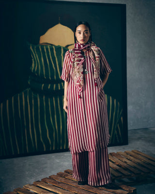 Maroon striped organza kurta with embroidery, paired with solid bustier and matching pants, elegant women’s Indo-western outfit perfect for festive wear, parties, and contemporary styling.