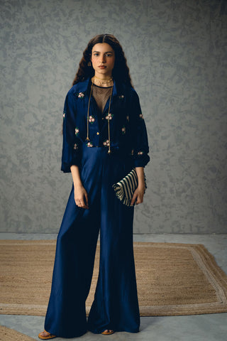 Chic navy blue co-ord set with subtle embroidery on the shirt and sleek plain pants. A versatile and polished look suitable for office wear, casual meetings, or day events.