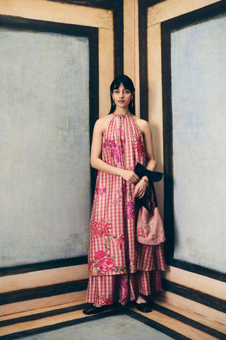 Pink gingham halter neck kurta with matching printed pants, stylish women’s Indo-western outfit perfect for casual wear, brunch outings, vacations, and elegant everyday styling.
