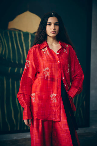 Stylish red printed co-ord set with hand embroidery and coordinated printed pants, perfect for festive occasions, everyday wear, and comfortable yet elegant women’s fashion.