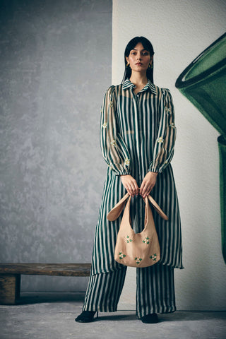 Women’s emerald green striped organza kurta featuring embroidery with bustier and matching pants, stylish three piece outfit ideal for festive occasions, weddings, and modern ethnic fashion.