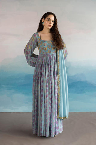 The Powder Blue printed anarkali comes with statement sleeves handcrafted in beautiful golden nakshi and border embroidered dupatta. Designed by Ease.