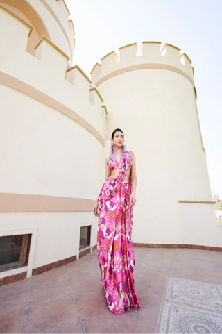 Fuschia floral printed pre-stitched Georgette saree with matching Silk blouse from Ease Studio, designed for effortless draping and contemporary festive elegance.