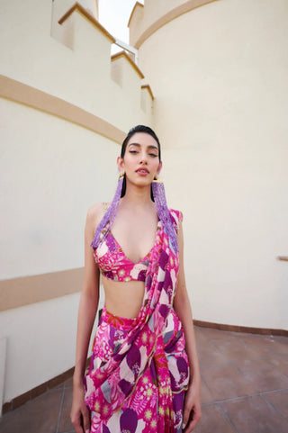 Fuschia floral printed pre-stitched Georgette saree with matching Silk blouse, showcasing effortless draping and contemporary festive styling for celebrations and special occasions.