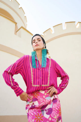 Ease Studio contemporary set featuring a striped Cotton Silk shirt and floral printed Georgette skirt in white, pink, blue and fuschia tones for chic festive dressing.