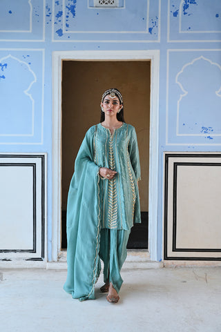 Turquoise blue embroidered short kurta with dhoti and dupatta. A perfect traditional ethnic dress for bridal, wedding ceremonies or events, party wear outfits for women. Designed by EASE.