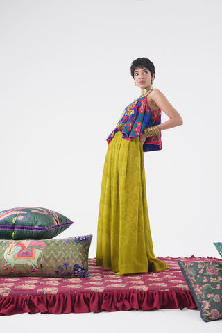 Electric Blue Royal Paisley Top, Hand Bead Embroidery In Front And Back Paired With Self Printed Ocher Pleated Palazzo.