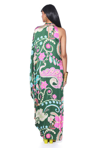 Back look of the emerald one shoulder dress, crafted for elegance and charm.