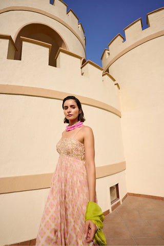 Pink and lime geometric print Anarkali suit with dupatta designed by Ease, showcasing a modern Indo-Western festive look.