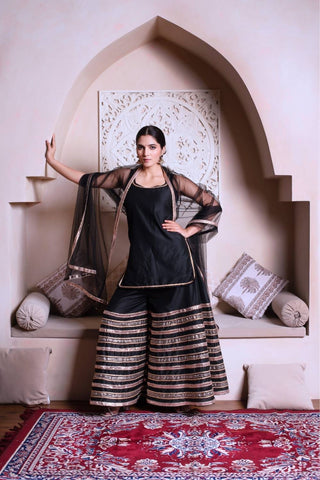 Full outfit look of Ghazal black cotton silk gota patti sharara set, women’s ethnic wear ensemble ideal for special occasions, parties and traditional celebrations.