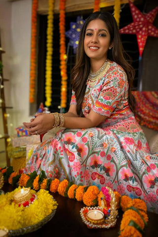 close up of Grey Paisely Rop Top and Skirt. Scuba, Dupion, Net fabric dress for wedding, brides, cocktail parties, festive gatherings, or resort ethnic wear for women.