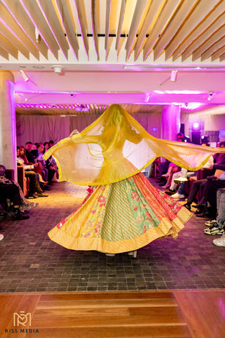 Bacl look of an ode to Rajasthan, in shades of Tuscany yellow, hot pink, onion pink and apple green. Australian fashion week 2025.