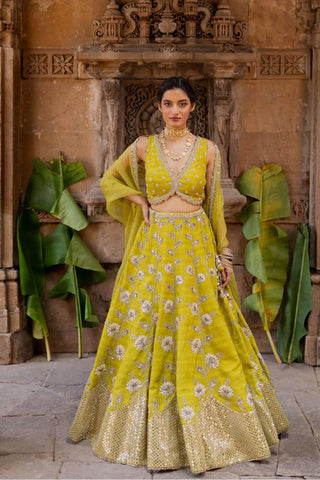 Featuring a lime green hand embroidered lehenga in silk base with chiffon floral patchwork, dori and resham embroidery with sequins and pearls. It is paired with a matching hand embroidered lime green sleeveless blouse in silk with deep V-neckline. It comes with a lime green embroidered organza dupatta. Designer - Ivory By Dipika
