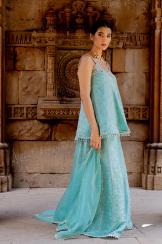 Featuring a sky blue flared top, hand embroidered with resham, dori, sequins and pearls in zari tissue base. It has a fit n flare look with noodle straps at the shoulder. Sleeves can be added on request. It comes with a matching sequins embroidered sharara in zari tissue base and a rose pink silk organza dupatta with lace edgings. Designer - Ivory By Dipika
