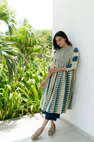 Amra ivory and indigo cotton side pleat kurta, boho hand block print - summer holiday look