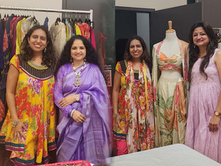 Leela Lane showcasing its curated collection at the OzIndia Exhibition, with a photo featuring the founder of OzIndia alongside the brand display.