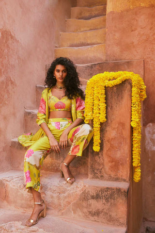 A lime yellow robe jacket set is a dress for resort look, brunch party outfit.