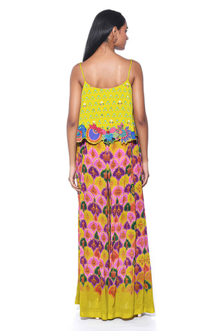 Back look of lime yellow embroidered co-ord set. 