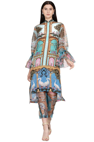 Designer asymmetrical tunic in crepe with Pichwai-inspired print, hand-embroidered yoke, and sheer sleeves, paired with matching printed sheer pants for a chic modern aesthetic. Designed by Limerick.