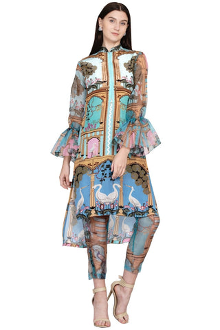Elegant asymmetrical Pichwai print tunic with hand embroidery and sheer statement sleeves, styled with matching sheer printed pants for a festive fusion look.