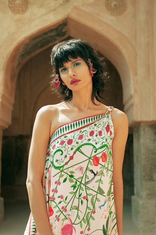 High-fashion one-shoulder dress with bow metal accent, engineered Kangra art print, and short-to-long hem, a statement of modern sophistication.