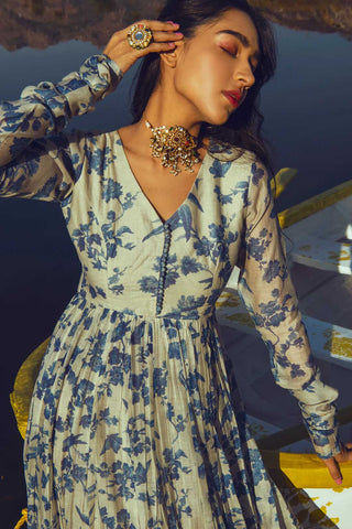 A chudi sleeved bird print anarkali in indigo is pefect dress for festive or wedding ceremonies.