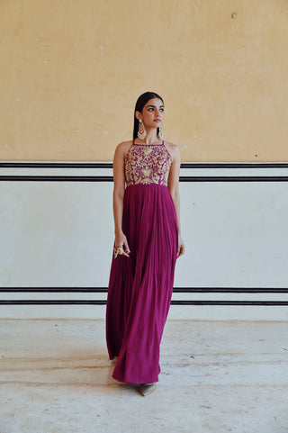 Magenta jaal embroidered Anarkali with dupatta. Perfect festive wear trendy Indian collection for special occasions.