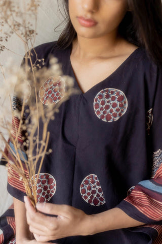 Maya black and red circle print cotton freesize kaftan dress, boho block print.