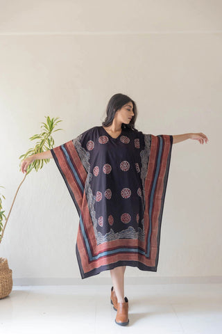 Maya black and red circle print cotton freesize kaftan dress, boho block print - holiday look