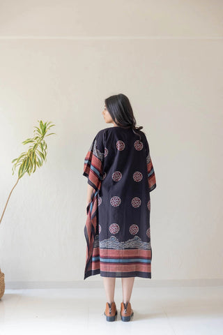 Maya black and red circle print cotton freesize kaftan dress, boho block print - back view