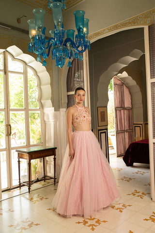 Immerse yourself in a fairytale with this captivating Baby Pink Crop Top with Delicate Embellishments and Chantilly Lace Lehenga set. This dreamy ensemble is perfect for making a graceful statement at any special occasion. mona-and-vishu-
