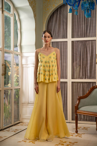 Add a touch of sunshine and effortless style to your wardrobe with our delightful Pale Yellow A-Line Top and Green and Blue Chakri Flower Cross Palazzo Pants Set. This breezy and vibrant ensemble is perfect for warm weather outings, picnics, or whenever you want to feel bright and confident. Designed by Mona and Vishu.
