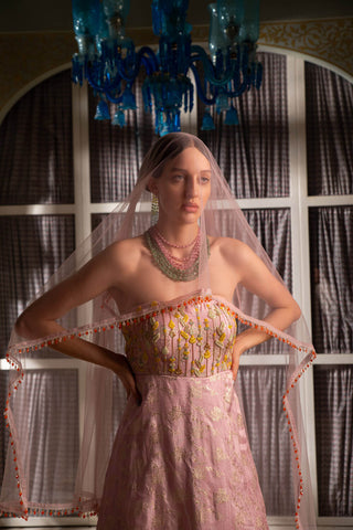 Embrace timeless elegance and modern luxury with this breathtaking Hand Embriodered Onion Pink Zari Anarkali and Organza Dupatta. Designed by Mona and Vishu.
