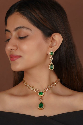 Elegant green gold plated necklace set with faux diamond design and AAA Korean crystals, paired with matching earrings, perfect for bridal, party, and festive occasions.