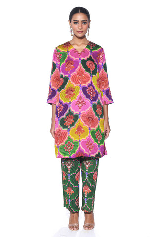 Multi Color Siddharth Bansal Signature Royal Paisley Pattern Kurta Paired With Contrasting Bottle Green Pants, Co-Ord Set. A perfect fushion indo-western designer luxury Gen-Z women dress for formal events, casual gatherings or girls day out.