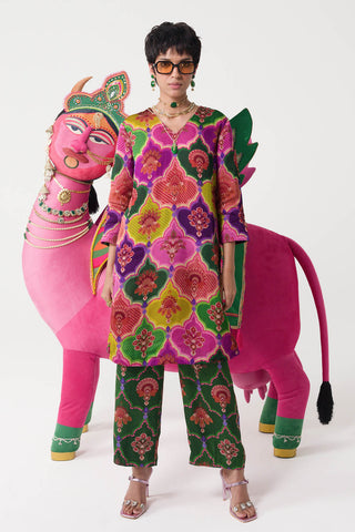 Multi Color Siddharth Bansal Signature Royal Paisley Pattern Kurta Paired With Contrasting Bottle Green Pants, Co-Ord Set.