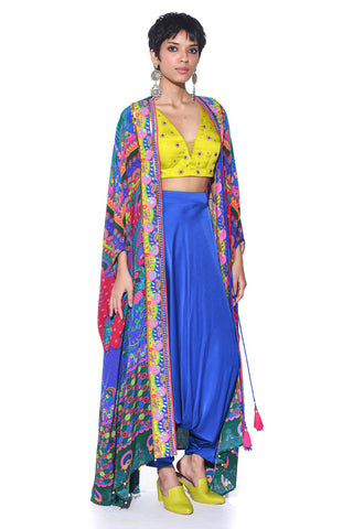 Multi Pattern Oversized Embrroided Shrug Set Bohemian Soul Style designed by Siddharth Bansal. Multicoloured Indo-Western Fusion modern Jacket set with crop top and pant. Cocktail dress, party wear or statement attire.