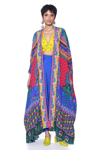 Multi Pattern Oversized Embrroided Shrug Set Bohemian Soul Style designed by Siddharth Bansal. Multicoloured Ethnic modern Jacket set with crop top and pant. Cocktail dress, party wear or statement attire