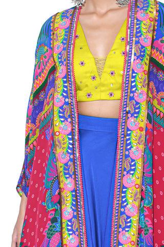 Multi Pattern Oversized Embrroided Shrug Set Bohemian Soul Style designed by Siddharth Bansal. Multicoloured Ethnic modern Jacket set with crop top and pant. Cocktail dress, party wear or statement attire