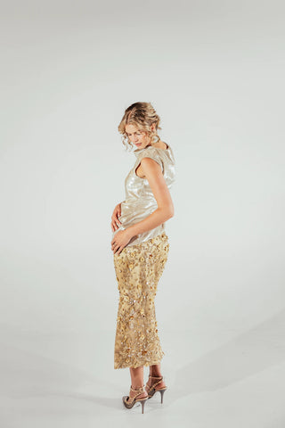 Musou Elena draped neckline top styled as a sophisticated cocktail separate, offering an elegant contemporary look for parties, evening events and special occasion dressing.