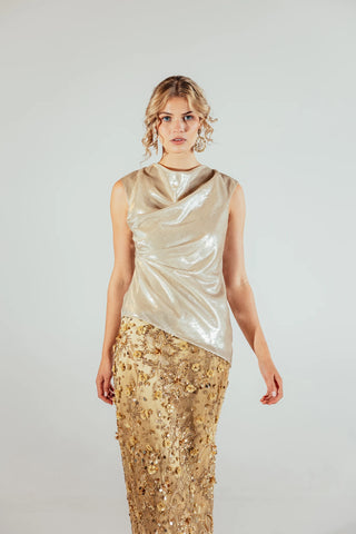 Close view of the Elena top highlighting its cowl neckline and fluid drape, creating an understated statement piece for polished contemporary outfits and sophisticated styling.