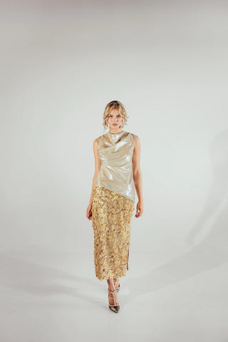 Elena cowl top presented as a refined evening separate with a graceful draped silhouette, suited to modern feminine styling, dinner dressing and elevated night-out outfits.