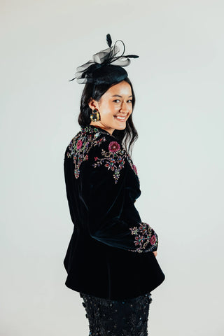 Elsa velvet dinner jacket styled for sophisticated evening dressing, offering a refined tailored layer for dinner parties, celebrations and contemporary special occasion outfits.