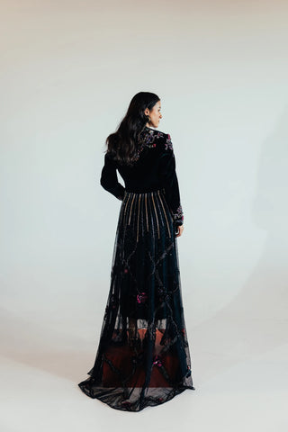Back look of musou Natalia embroidered layering piece styled with formal womenswear, creating a graceful trailing effect for sophisticated celebrations, evening events and special occasions.