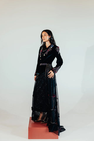 Natalia embroidered fashion accessory showcased as a dramatic trailing detail, bringing romantic elegance and statement styling to contemporary occasionwear.