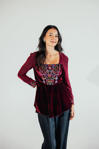 Sasha fitted flare blouse presented as a sophisticated party separate, featuring a feminine shaped silhouette for elegant celebrations and elevated occasion outfits.