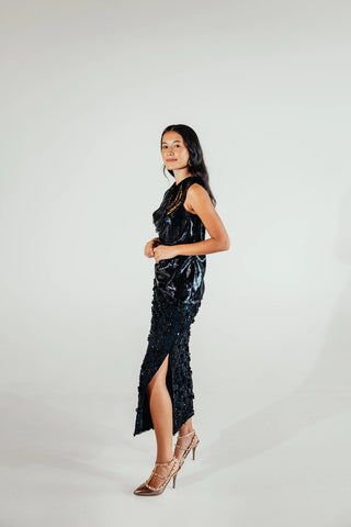 Selene statement skirt paired for a romantic party outfit, bringing feminine floral detailing and an elevated silhouette to contemporary occasion and evening dressing.