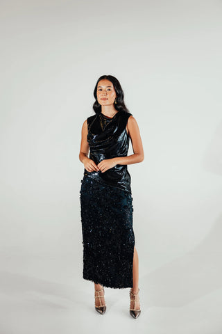 Musou Selene floral skirt styled for evening dressing, showcasing its detailed botanical character as a sophisticated separate for parties, celebrations and special occasions.