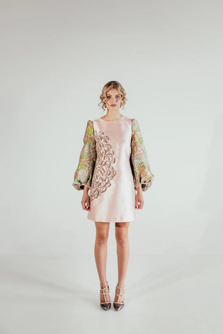 Musou Yuri brocade mini dress styled as a sophisticated statement outfit, combining elegant proportions and textured brocade for contemporary luxury occasion and party wear.